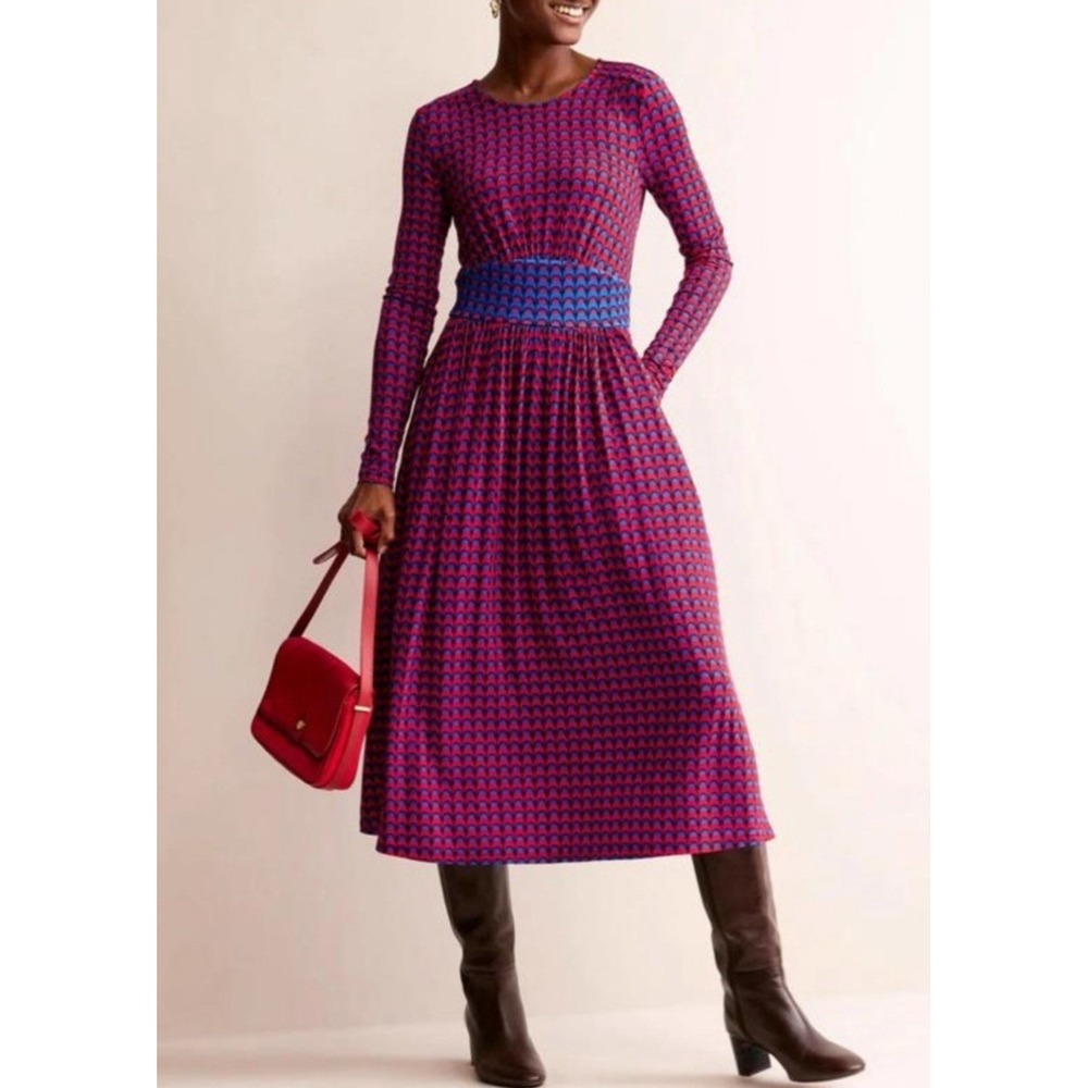 NWT Boden Thea Red Blue Geometric Scallop Print Midi Dress Long Sleeve 4R